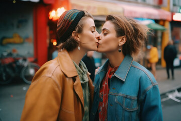 A young lesbian couple kissing on the street to celebrate LGBTQIA+ pride day Generative AI
