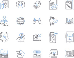 Electronic store outline icons collection. Electronics, Store, Shop, Retail, Gadgets, Outlet, Supplies vector and illustration concept set. Items, Products, Appliances linear signs