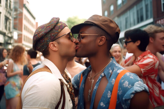 An interracial gay couple kissing on the street to celebrate LGBTQIA+ pride day Generative AI