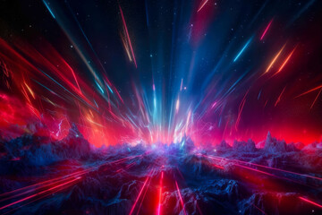 Naklejka na ściany i meble Digital abstract wallpaper with a space background and vibrant red and blue lasers. Futuristic technology. High quality generative ai