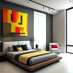 Photo of a contemporary bedroom with a striking wall art