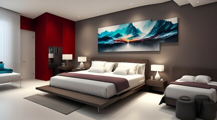Photo of a cozy bedroom with two beds and a beautiful painting on the wall