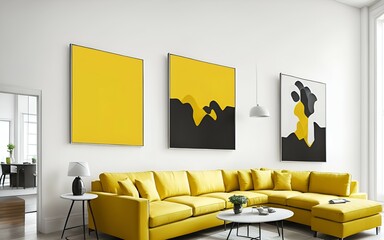 Photo of a modern living room with vibrant yellow and sleek black furniture