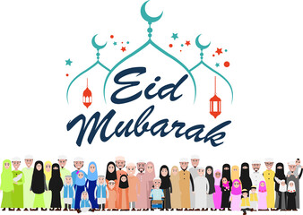 Eid mubarak greeting card  Happy eid and muslim Family Vector illustration