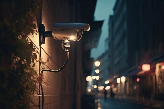 Surveillance camera hanging on a wall at a street in a big city at night with bokeh lights in the background Generative AI