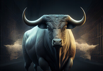 Wallstreet bull, bullish stock market sentiment concept. Finances and wealth growth. High quality photo