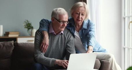 Positive senior couple in love using laptop together, sitting on home couch, hugging, shopping on Internet, pointing at computer monitor, display, smiling laughing - Powered by Adobe