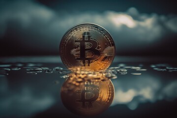 A reflection of a bitcoin against a hazy blockchain background. Generative AI