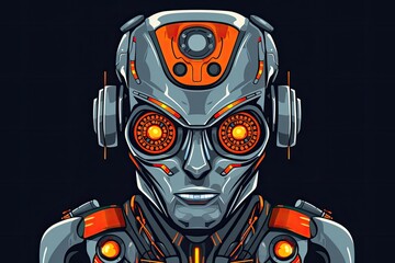 futuristic robot wearing headphones and with glowing eyes. Generative AI