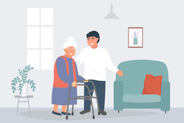 A man, a nurse helps an old woman with a walker walk to the chair in the room with the window and the plants. A volunteer takes care of a pensioner. Vector graphics.