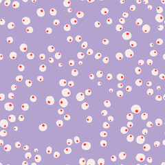 Abstract geometric shapes seamless repeat pattern. Random placed, vector polka dots all over surface print on lilac background.