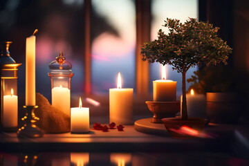 candle light white towel spa aroma water bottle and ikebana  tree on evening cozy room,generated ai