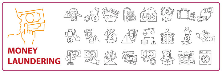 Money crime line icons. Fraud, Online thief and Steal cash set. Phishing robbery, launder money crime and tax offense. Financial evasion, online fraud and wallet cash. Vector