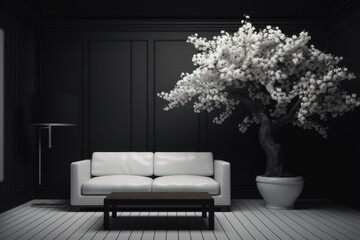 a black cement room with a white couch. Generative AI