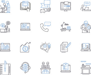 Meeting and conference outline icons collection. Conference, Meeting, Gatherings, Symposium, Forum, Seminar, Assembly vector and illustration concept set. Conclave, Dialogues, Rendezvous linear signs
