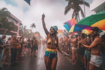 A vibrant and colorful moment captured at  festival, where confetti rains down on a group of senior LGBTQ individuals, holding up the rainbow flag, Generative Ai