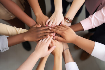 Many hands from diverse people joining together in circle, people putting hands together as symbol of unity. High quality generative ai