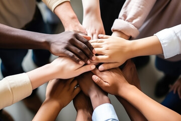 Many hands from diverse people joining together in circle, people putting hands together as symbol of unity. High quality generative ai