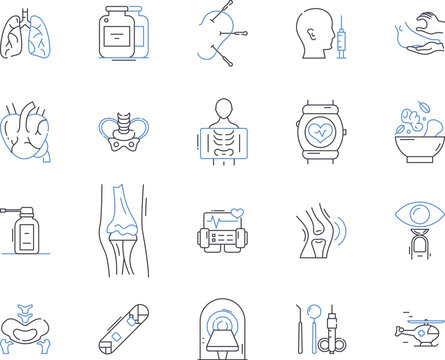 Health tech outline icons collection. Healthtech, Healthcare, Technology, Medical, Wearable, Digital, Telehealth vector and illustration concept set. AI, Bigdata, Robotics linear signs