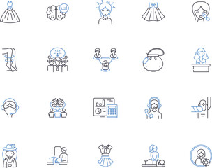 Women business outline icons collection. Female, Entrepreneurs, Moguls, Executives, Professionals, Managers, Leaders vector and illustration concept set. Ownership, Startups, Finance linear signs