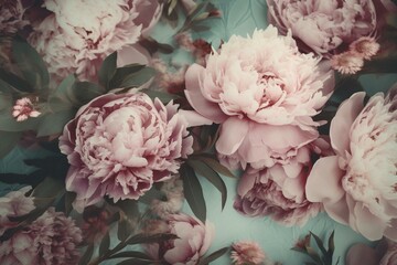 Soft pastel floral pattern with peonies in pink and green with a vintage oriental feel, generative AI