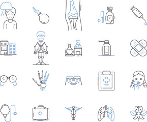 Hospital treatment outline icons collection. Medical, Care, Treatment, Surgery, Hospitalization, Diagnosis, Pain vector and illustration concept set. Relief, Intervention, Procedure linear signs