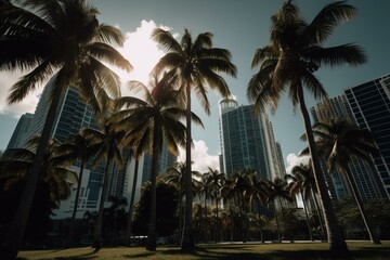 Obraz na płótnie Canvas Skyscrapers and palm trees in Miami Bayfront park. Generative AI