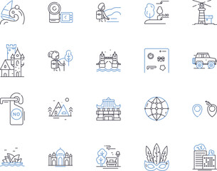 World tour outline icons collection. Travel, Globe, Journey, Circumnavigate, Vacation, Trip, Expedition vector and illustration concept set. Circumvent, Expeditionary, Wander linear signs