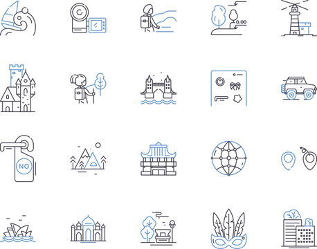 World tour outline icons collection. Travel, Globe, Journey, Circumnavigate, Vacation, Trip, Expedition vector and illustration concept set. Circumvent, Expeditionary, Wander linear signs