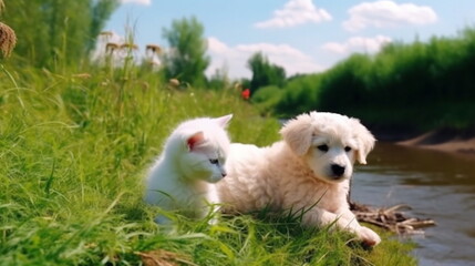 cat and dog ,charming funny cute small fluffy happy smiling spaniel puppy and british kitten with blue eyes sit play on sea water, sea water splash with sun light  ,generated ai