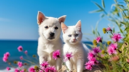 cat and dog ,charming funny cute small fluffy happy smiling spaniel puppy and british kitten with blue eyes sit play on sea water, sea water splash with sun light  ,generated ai