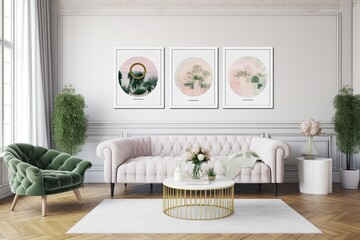 mock-up poster of a pastel home with seats. Generative AI