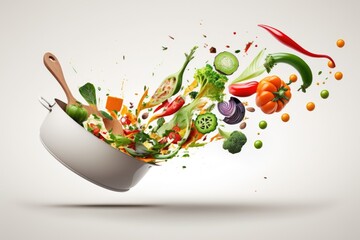 Cooking concept. Vegetables are flying out of the pan isolated on white background. Healthy food. Generative AI