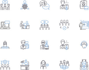 Empoyee outline icons collection. Employee, Staff, Worker, Personel, Team, Member, Associate vector and illustration concept set. Colleague, Personnel, Operator linear signs - obrazy, fototapety, plakaty