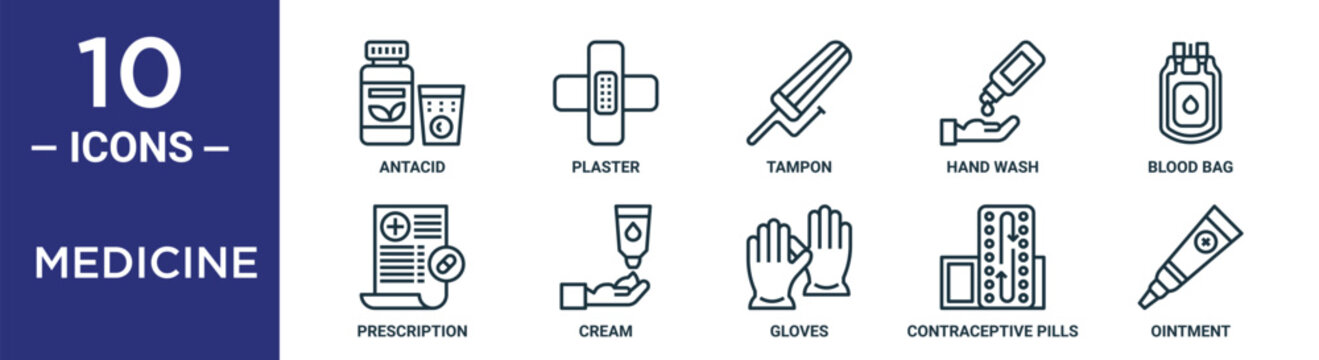 Medicine Outline Icon Set Includes Thin Line Antacid, Tampon, Blood Bag, Cream, Contraceptive Pills, Ointment, Prescription Icons For Report, Presentation, Diagram, Web Design