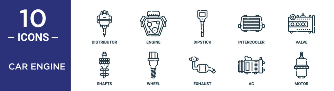 car engine outline icon set includes thin line distributor, dipstick, valve, wheel, ac, motor, shafts icons for report, presentation, diagram, web design