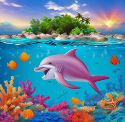 Sunset over a tropical island in the ocean. 
The underwater world of the coral reef. Pink dolphin,
exotic fish, algae, corals, sea anemones on
the seabed.  Generative AI.