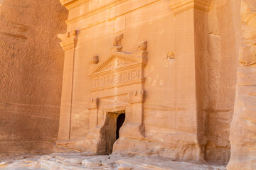 Carved ornamented entrance to the tomb at Jabal al banat complex, Hegra, Al Ula, Saudi Arabia