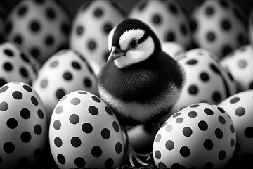 A charming Easter chick emerges from one of the black and white, cartoon Easter eggs on the backdrop of the page. Generative AI