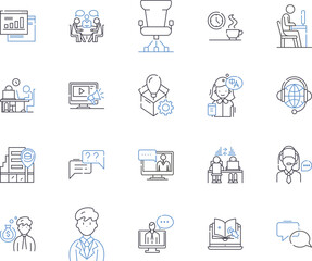 Remote business work outline icons collection. Remote, Business, Work, Telecommute, Digital, Flexible, Online vector and illustration concept set. Virtual, Running, Access linear signs