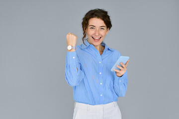 Young happy confident professional business woman executive feeling excited winner looking at...