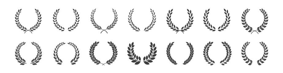 Set of black circular foliate laurels branches. Laurel wreath. Silhouette vintage laurel wreaths collection. Heraldic trophy crest. Greek olive branch award, winner round emblem