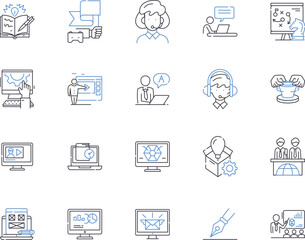 Company seminar outline icons collection. company, seminar, training, development, leadership, management, strategy vector and illustration concept set. marketing, sales, customer service linear signs