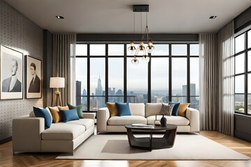 Naklejka na ściany i meble Interior of modern living room with panoramic city view generative ai