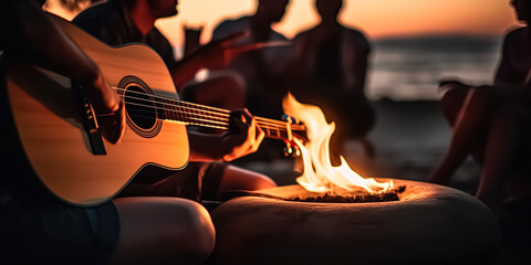 Blurred group of young people having fun sitting near bonfire on a beach at night playing guitar singing songs.	digital ai - obrazy, fototapety, plakaty
