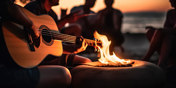 Blurred group of young people having fun sitting near bonfire on a beach at night playing guitar singing songs.	digital ai