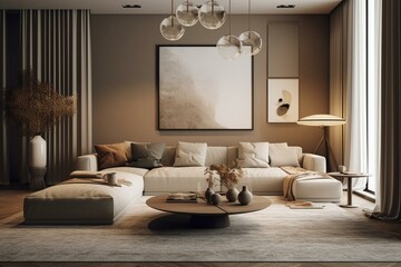 Home mockup, living room in beige and brown colors,3d render. Generative AI