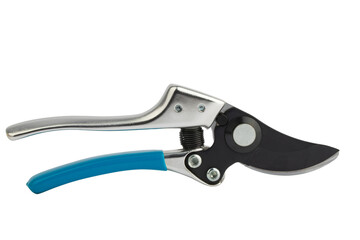 garden metal pruner with plastic blue handles, insulated on a white background