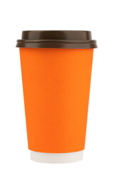 craft cardboard coffee cup with plastic lid, insulated on a white background