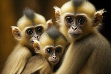 Animals with their young in Thailand Yellow twins born to Leaf Monkeys or Dusky Langurs and their mother, who live in the forest. Generative AI